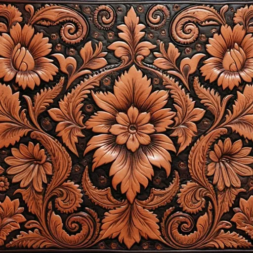 Prompt: Hand tooled leather, full image, repeating pattern of flowers and paisleys