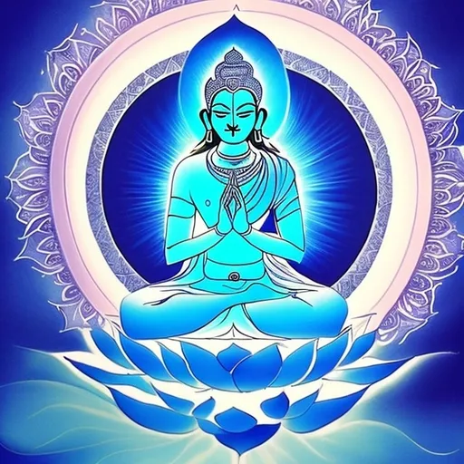 Prompt: Incorporate a symbolic representation of spirituality and wisdom. Consider using elements like a lotus flower (symbolizing purity and enlightenment), a stylized Sanskrit 'Om' symbol (representing the universe and ultimate reality), or a simple silhouette of Lord Krishna (central figure in the Bhagavad Gita).Use serene colors such as shades of blue (symbolizing depth, spirituality, and tranquility) and white (representing purity and clarity). A combination of these colors can evoke a sense of calm and peace.