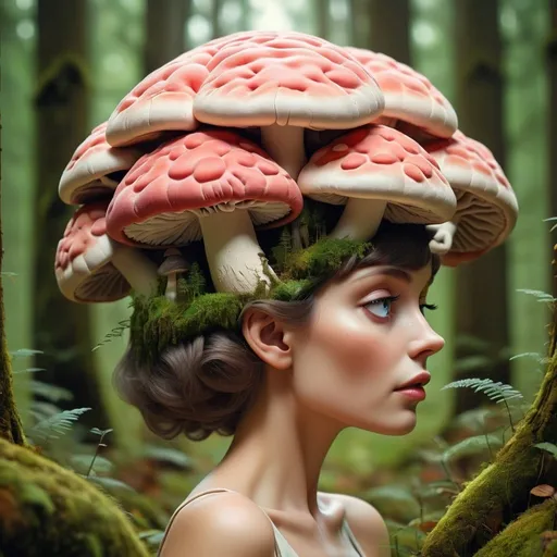 Prompt: Dreamy style, human brain, connecting with mushroom 
to the forest