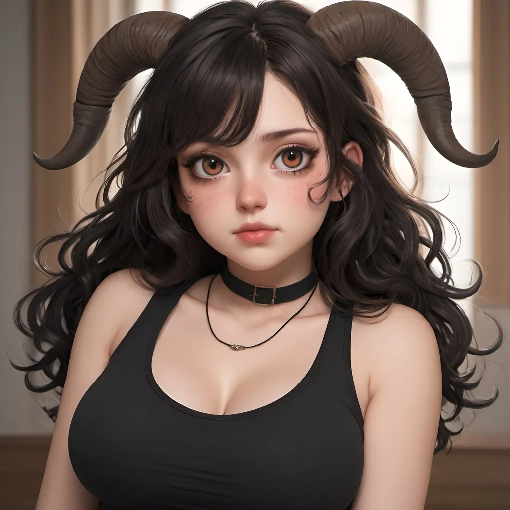 Prompt: cute short chubby fat white girl with black curly long hair with ram horns she is wearing a tank top and has a collar and she has red eyes. she looks as if she just woke up and is stretching  anime armpits 