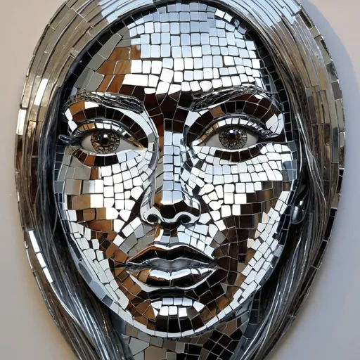 Prompt: a face made of glass and mirror mosaic, shiny chrome metal sculpture, beautiful face, woman's portrait