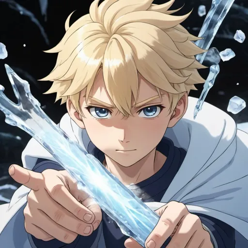 Prompt: an blonde haired boy anime character with ice powers