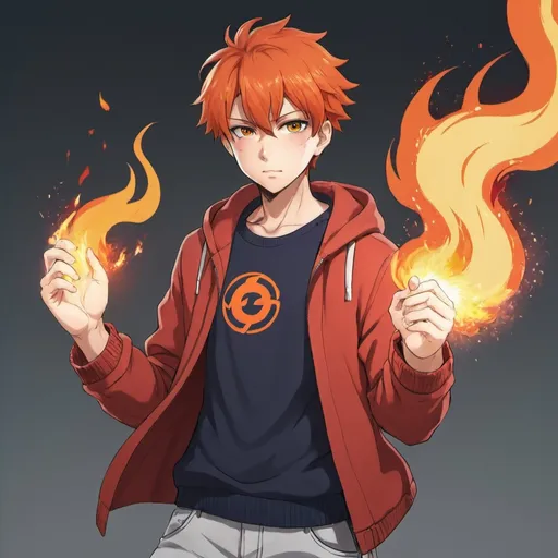 Prompt: an anime character wearing causal clothes and has fire powers