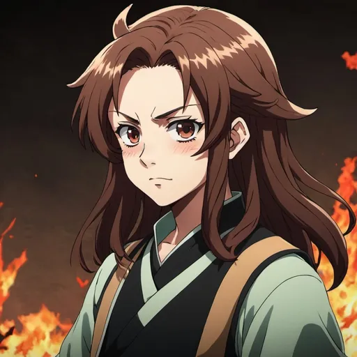 Prompt: an anime demon slayer with brown hair