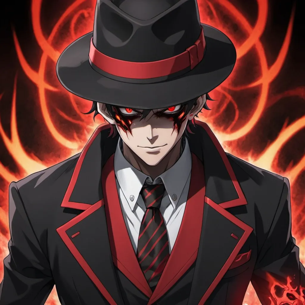 Prompt: an anime character with red eyes, a black and red suit, a black and red fedora, and demonic powers