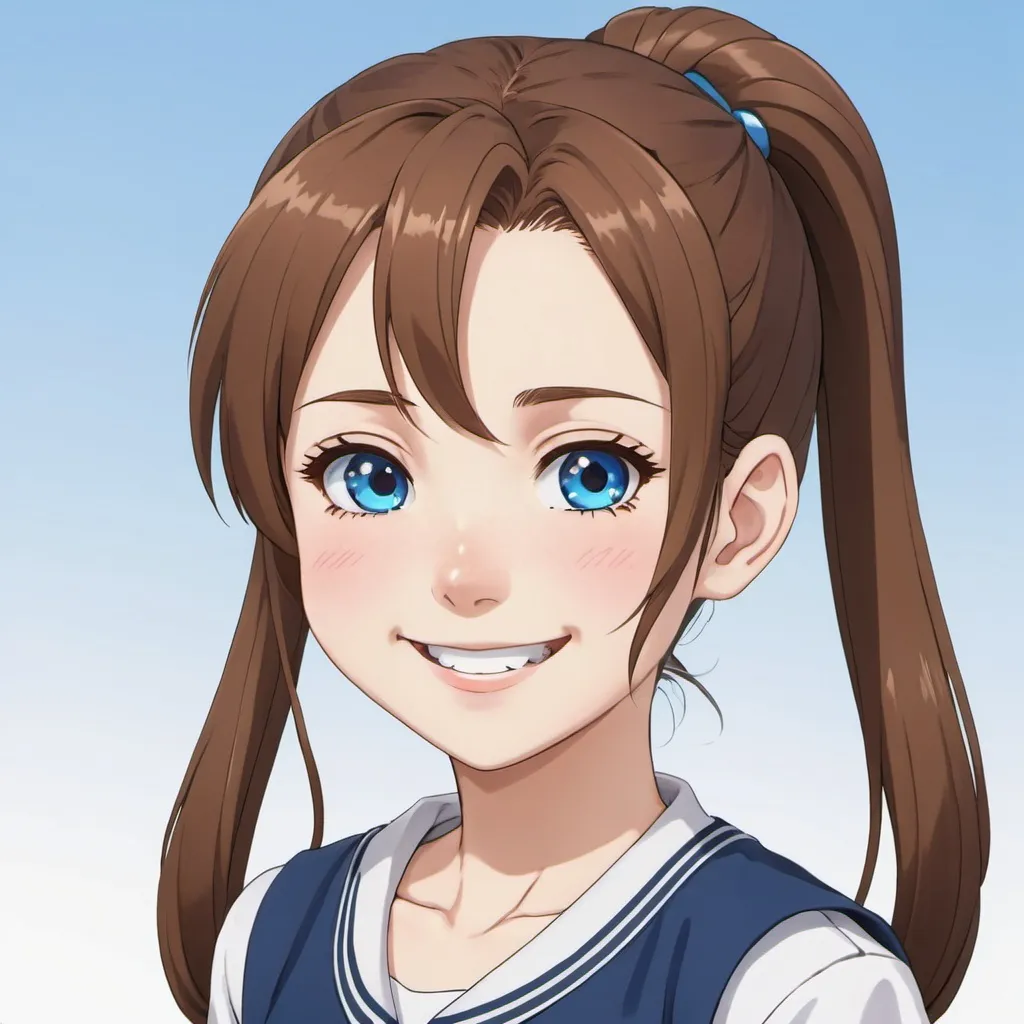 Prompt: a anime middle school girl with brown pony tail hair, blue eyes, smile, and white skin