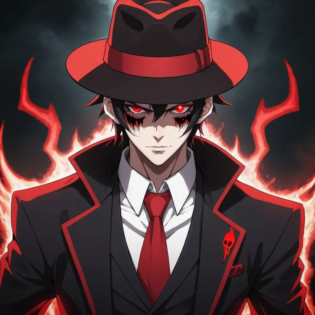 Prompt: an anime character with red eyes, a black and red suit, a black and red fedora, and demonic powers