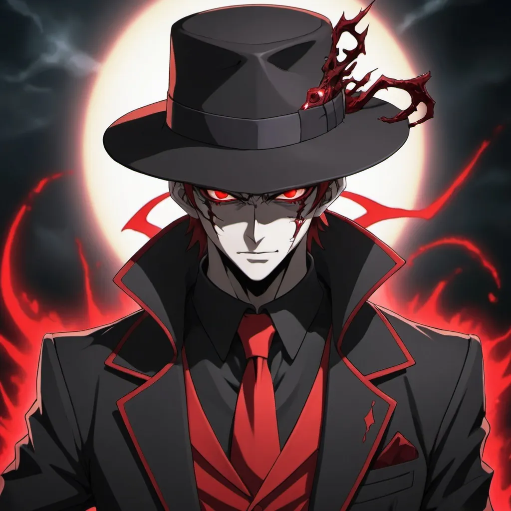 Prompt: an anime character with red eyes, a black and red suit, a black and red fedora, and demonic powers