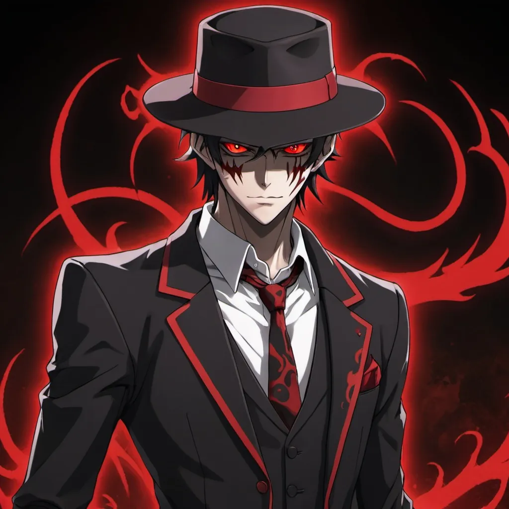 Prompt: an anime character with red eyes, a black and red suit, a black and red fedora, and demonic powers