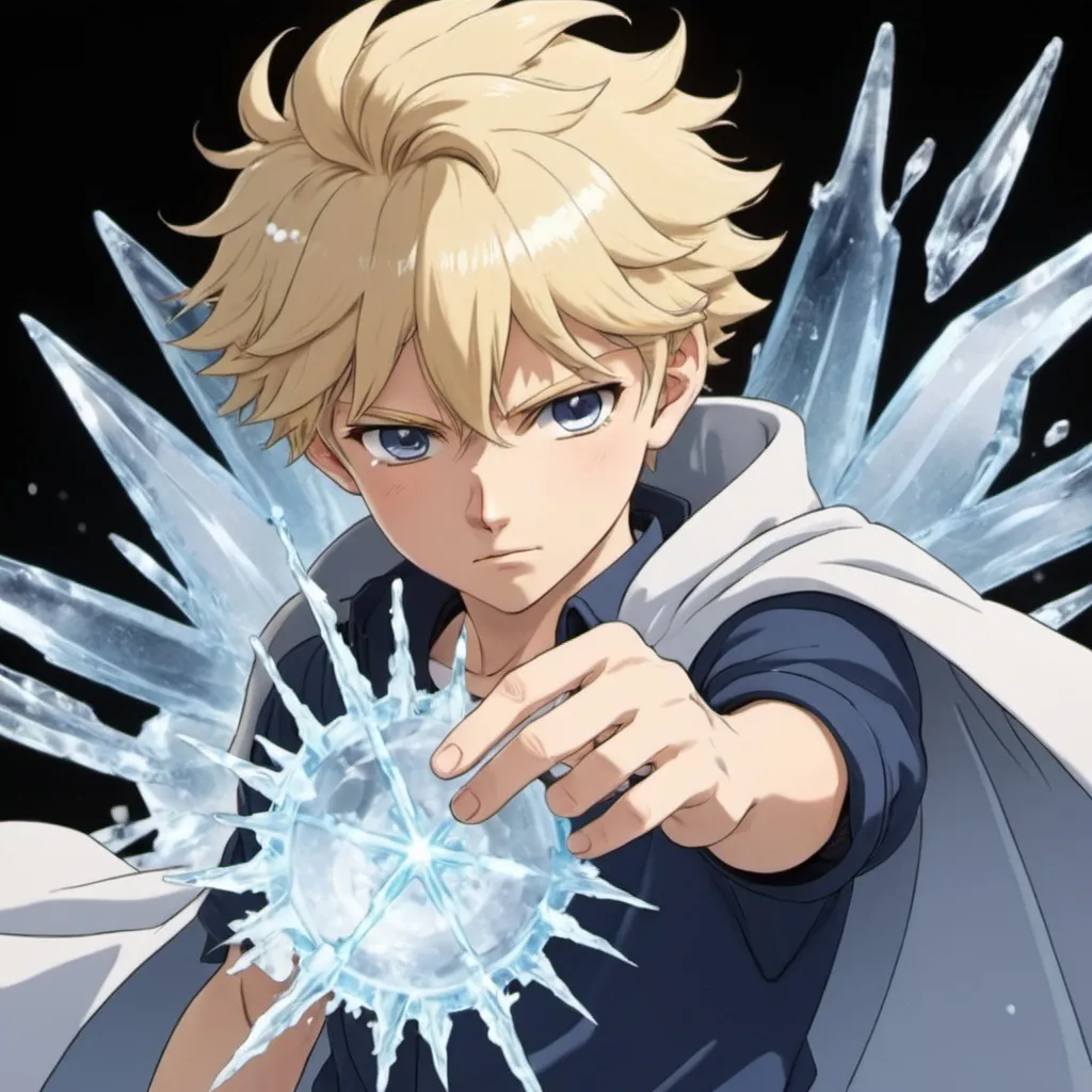 Prompt: an blonde haired boy anime character with ice powers