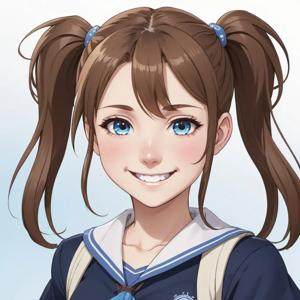 Prompt: a anime high school girl with brown pony tail hair, blue eyes, smile, and white skin