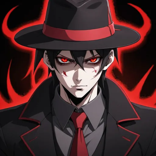 Prompt: an anime character with red eyes, a black and red suit, a black and red fedora, and demonic powers