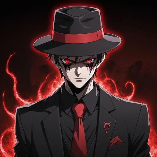 Prompt: an anime character with red eyes, a black and red suit, a black and red fedora, and demonic powers