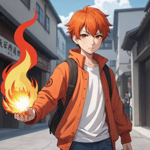 Prompt: an anime character wearing causal clothes and has fire powers