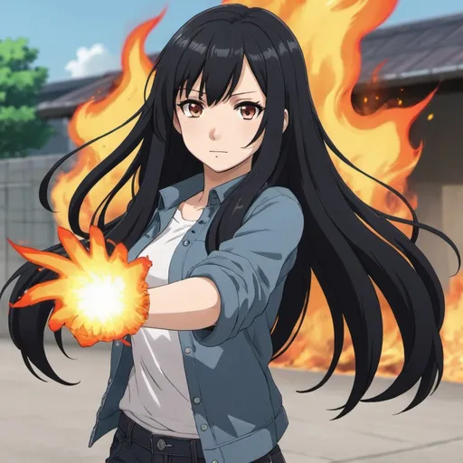 Prompt: a female anime character with long black hair wearing causal clothes and has fire powers