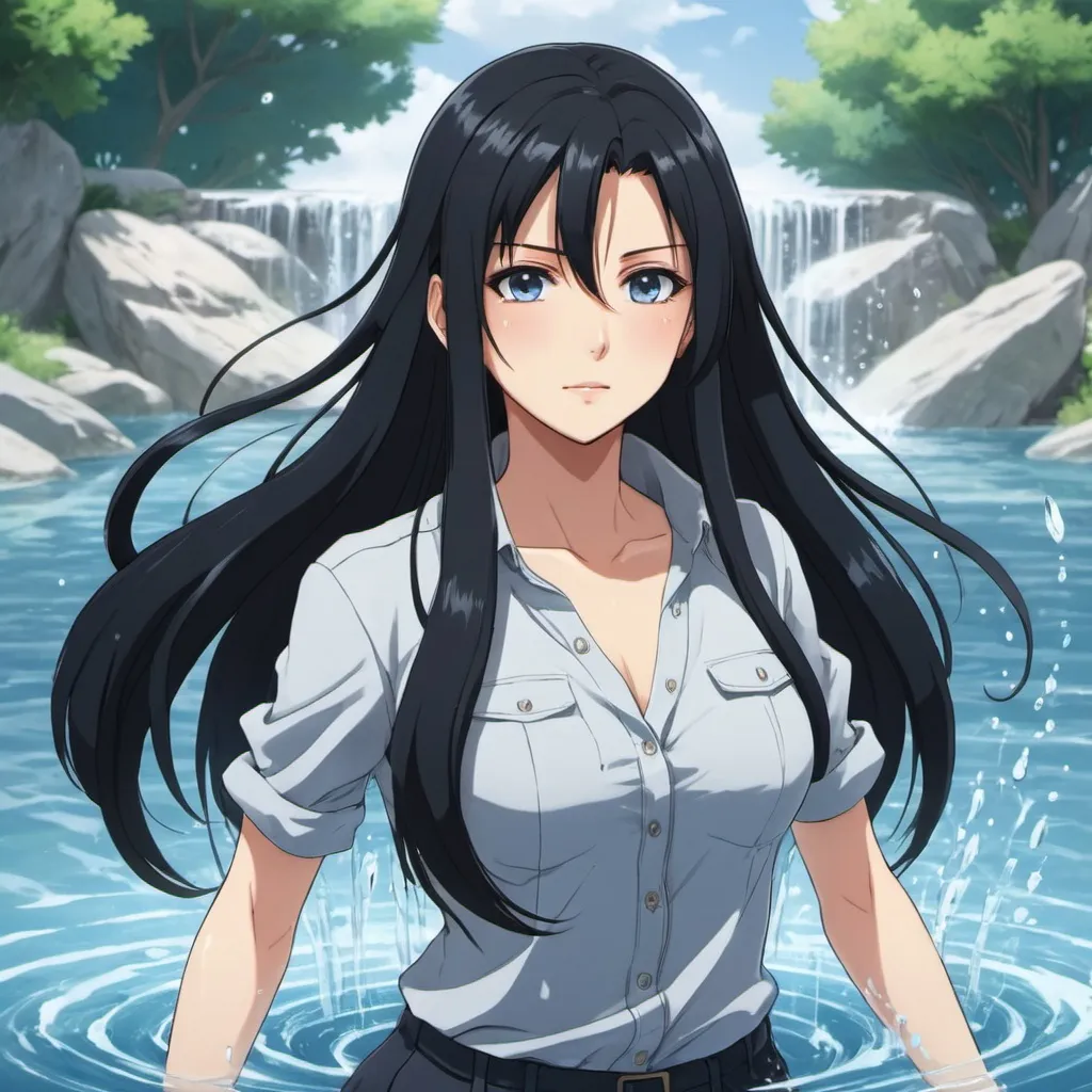 Prompt: a female anime character with long black hair wearing causal clothes and has water powers