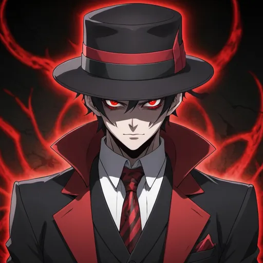 Prompt: an anime character with red eyes, a black and red suit, a black and red fedora, and demonic powers