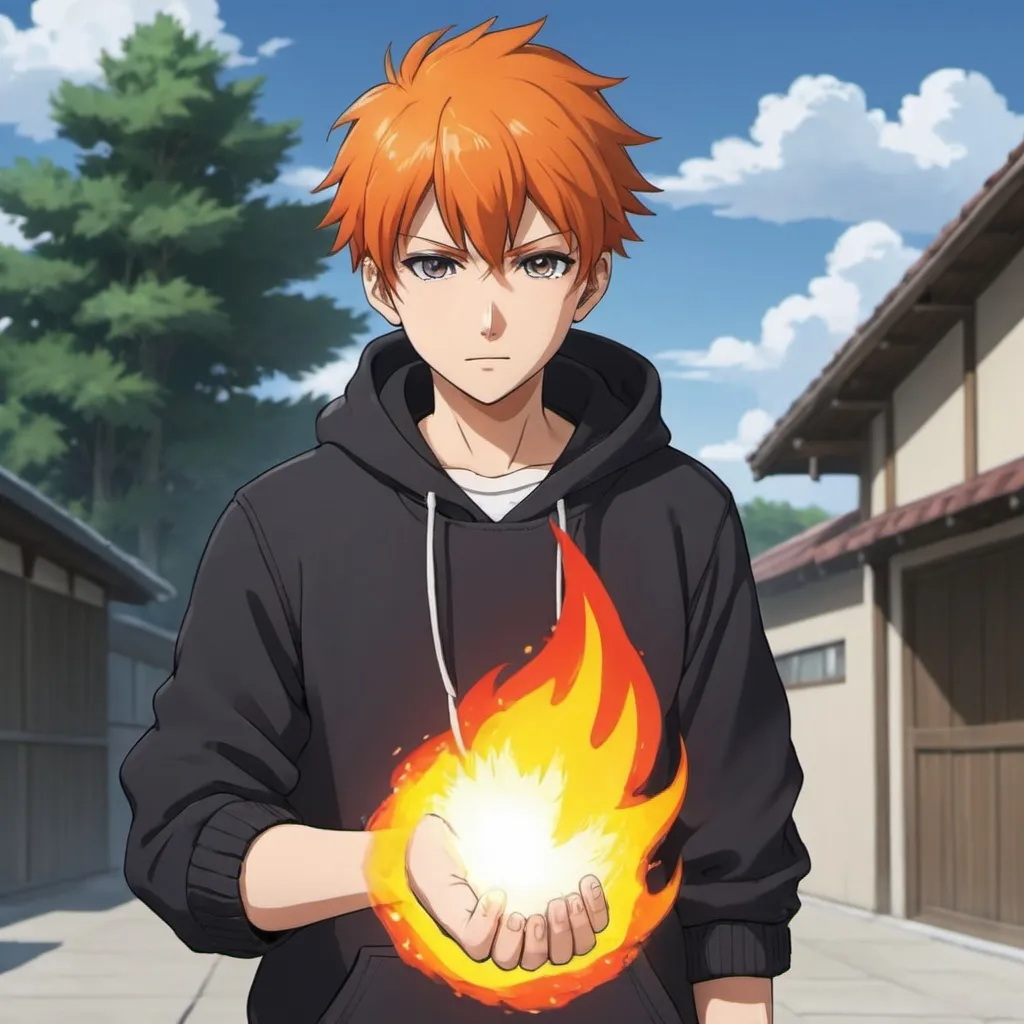 Prompt: an anime character wearing causal clothes and has fire powers