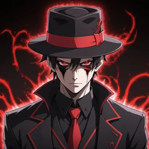 Prompt: an anime character with red eyes, a black and red suit, a black and red fedora, and demonic powers