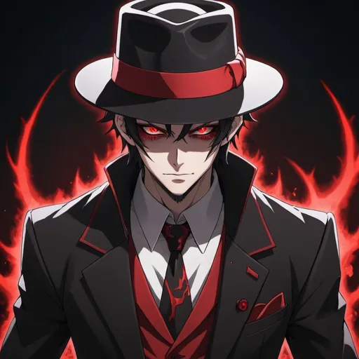 Prompt: an anime character with red eyes, a black and red suit, a black and red fedora, and demonic powers