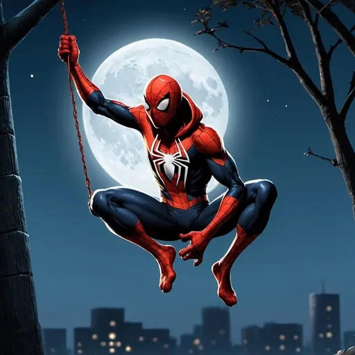 Prompt: A hooded spiderman swinging in the moonlight