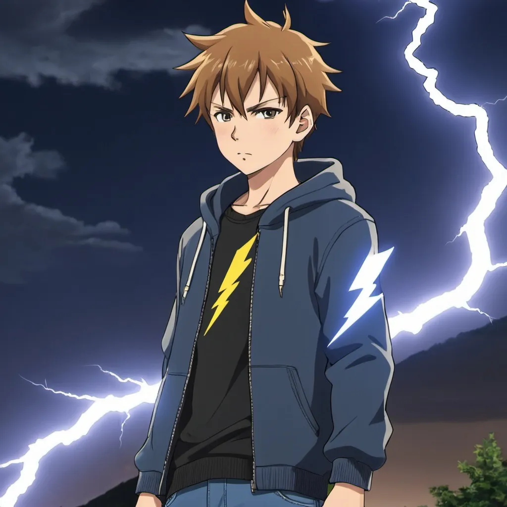 Prompt: an anime character wearing causal clothes and has lightning powers