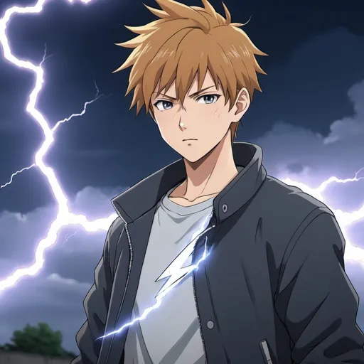 Prompt: an anime character wearing causal clothes and has lightning powers