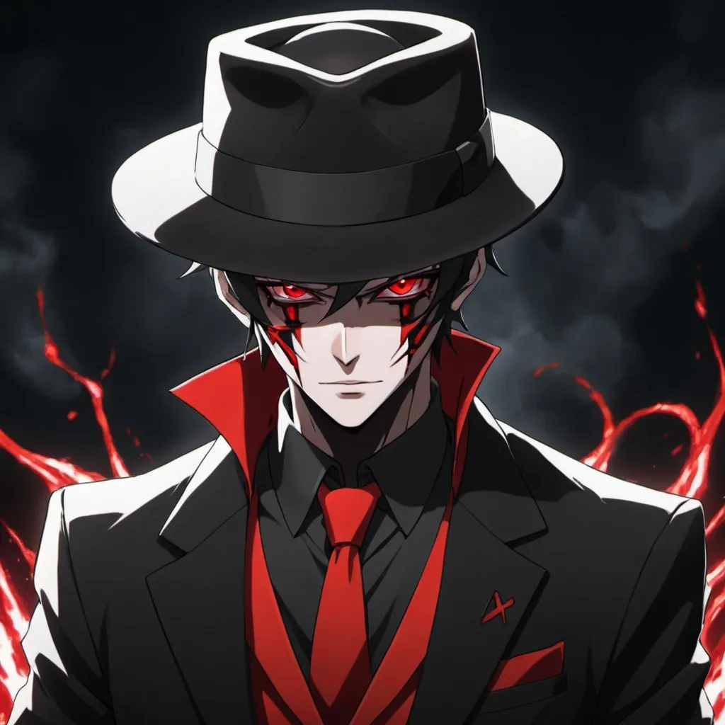 Prompt: an anime character with red eyes, a black and red suit, a black and red fedora, and demonic powers