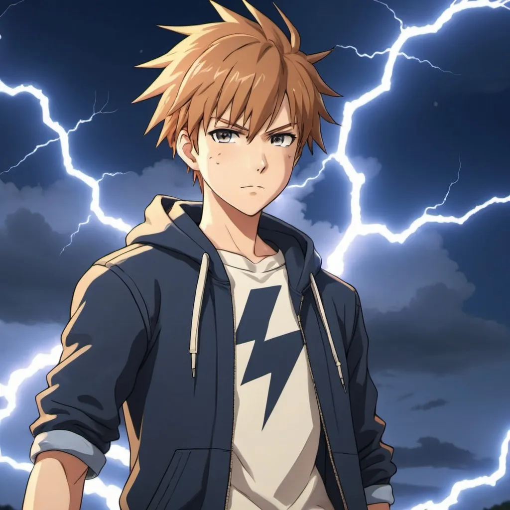 Prompt: an anime character wearing causal clothes and has lightning powers