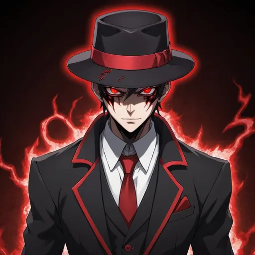 Prompt: an anime character with red eyes, a black and red suit, a black and red fedora, and demonic powers