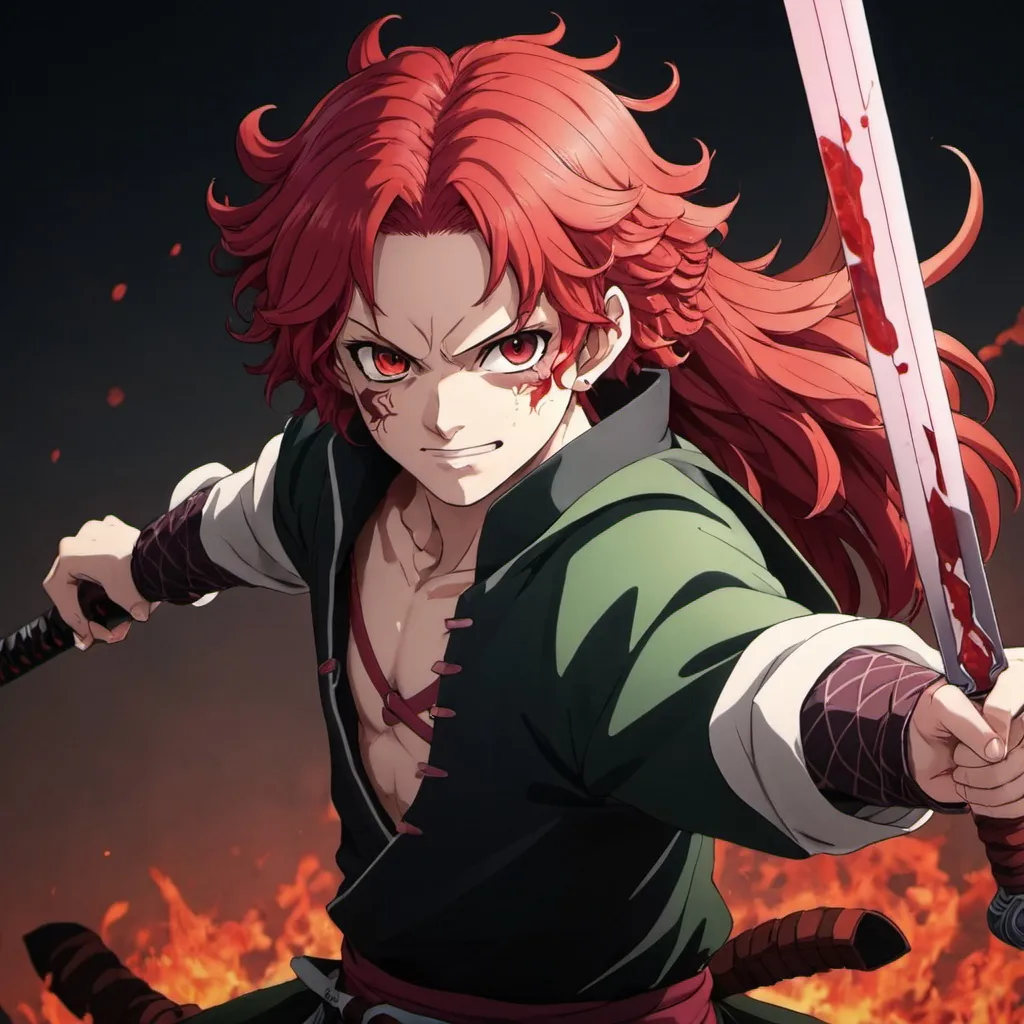 Prompt: an anime demon slayer with red hair and a sword