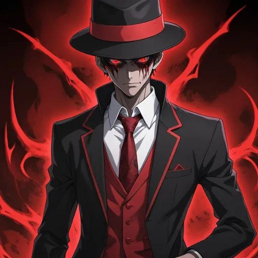 Prompt: an anime character with red eyes, a black and red suit, a black and red fedora, and demonic powers