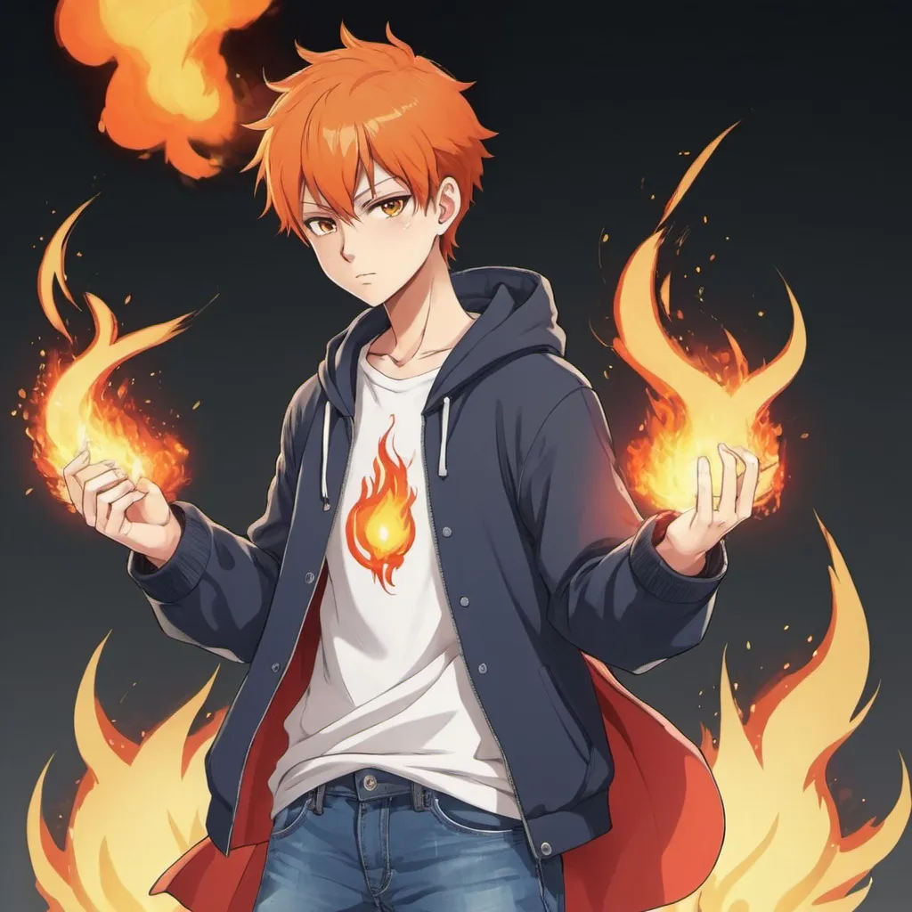 Prompt: an anime character wearing causal clothes and has fire powers