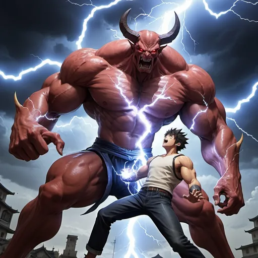 Prompt: a big, strong demon fighting a anime character in causal clothes, and having lightning power