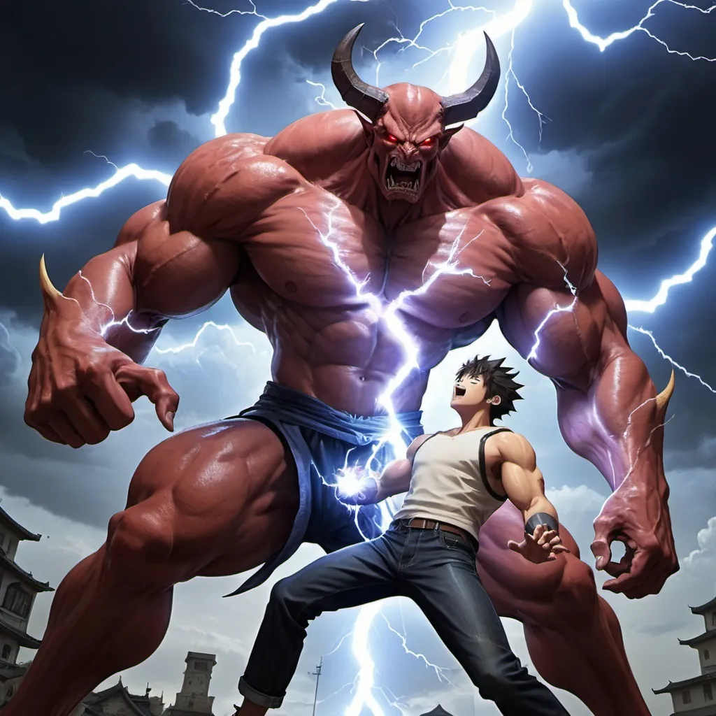 a big, strong demon fighting a anime character in ca...