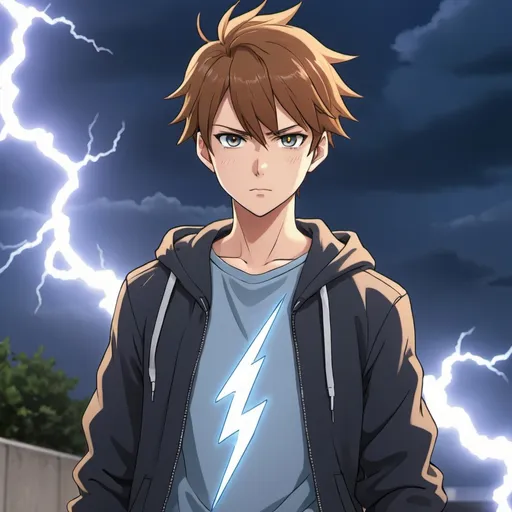 Prompt: an anime character wearing causal clothes and has lightning powers