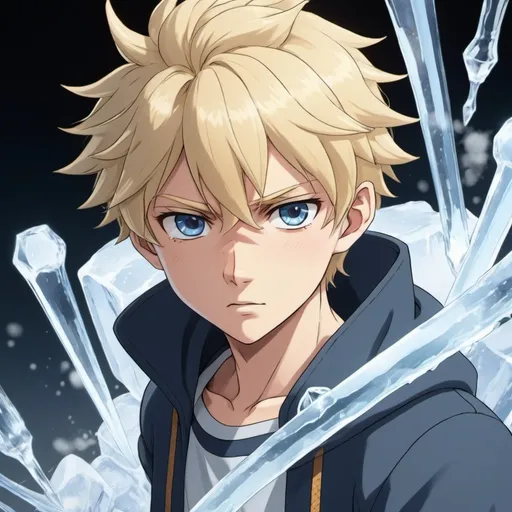 Prompt: an blonde haired boy anime character with ice powers