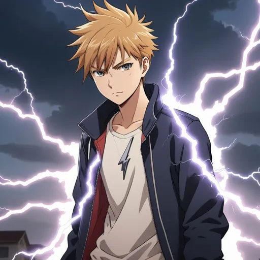 Prompt: an anime character wearing causal clothes and has lightning powers