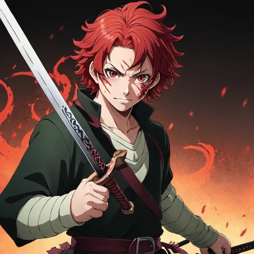 Prompt: an anime demon slayer with red hair and a sword