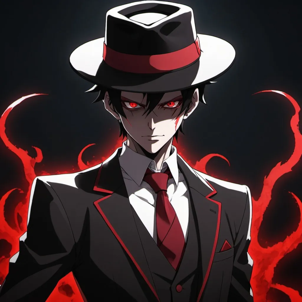 Prompt: an anime character with red eyes, a black and red suit, a black and red fedora, and demonic powers