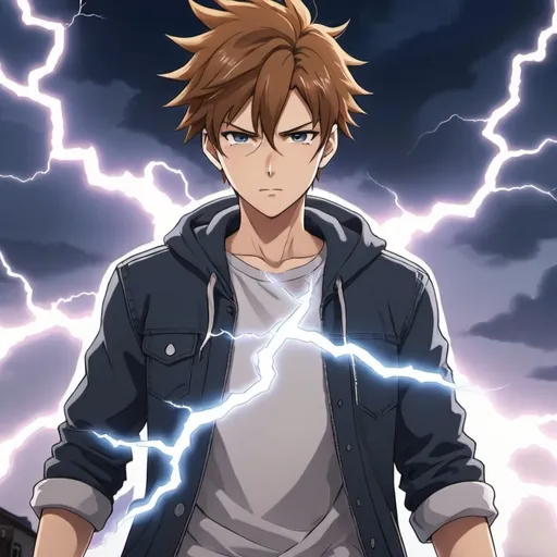 Prompt: an anime character wearing causal clothes and has lightning powers