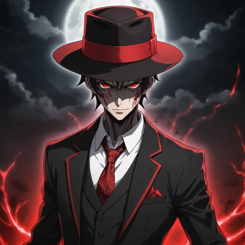 Prompt: an anime character with red eyes, a black and red suit, a black and red fedora, and demonic powers