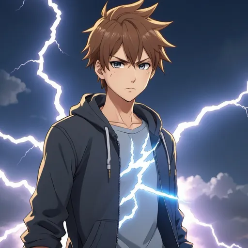 Prompt: an anime character wearing causal clothes and has lightning powers