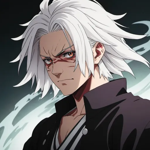 Prompt: an anime demon slayer with white hair