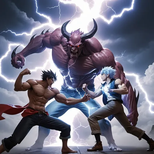 Prompt: a big, strong demon fighting a anime character in causal clothes, and having lightning power