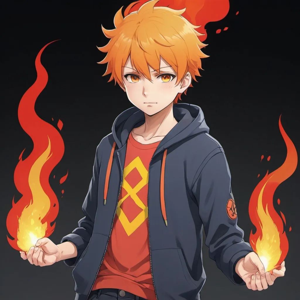 Prompt: an anime character wearing causal clothes and has fire powers