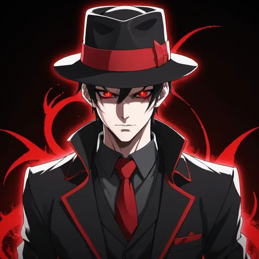 Prompt: an anime character with red eyes, a black and red suit, a black and red fedora, and demonic powers