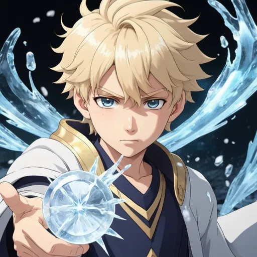 Prompt: an blonde haired boy anime character with ice powers