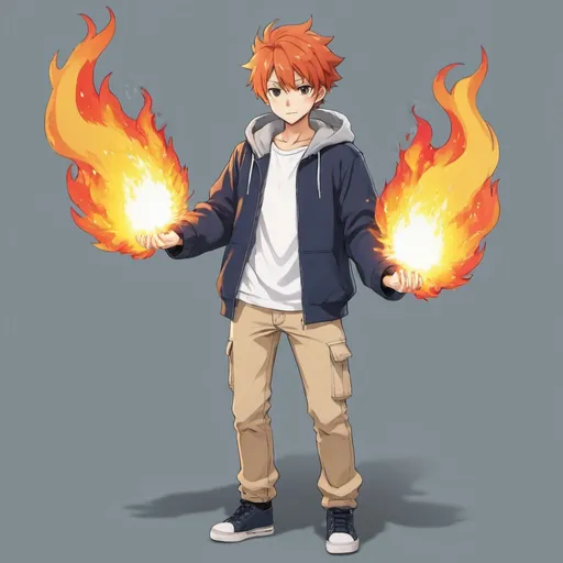 Prompt: an anime character wearing causal clothes and has fire powers