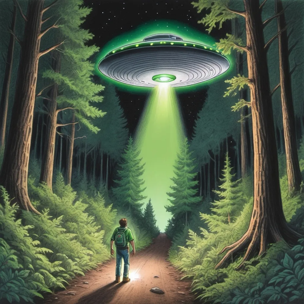 Prompt: at three color pencil sketch of a lone hiker on a narrow trail in a forest at night being abducted by a flying saucer high above the tree tops. the tractor beam is green and its glow lights up the forest around. hiding in the background behind some bushes is bigfoot watching as he eats a sandwich.